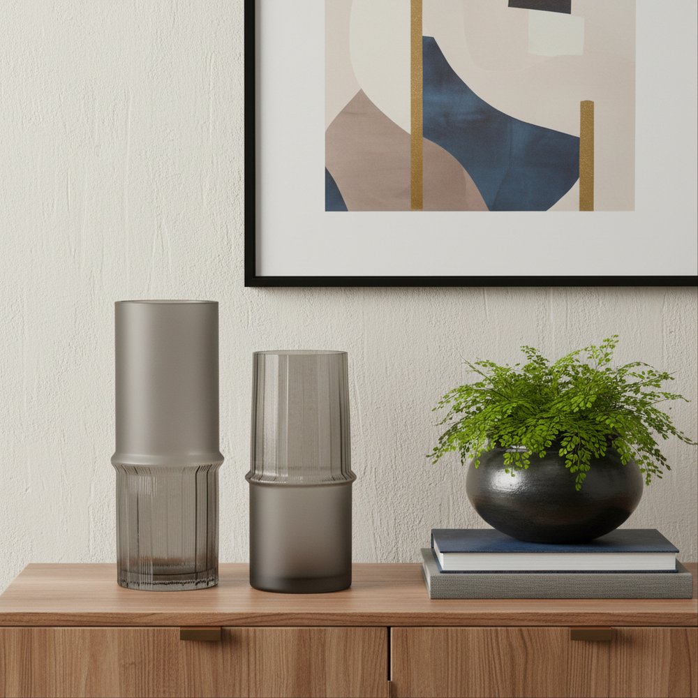 Set of Two Gray Glass Cylinder Table Vases  Warm Home View