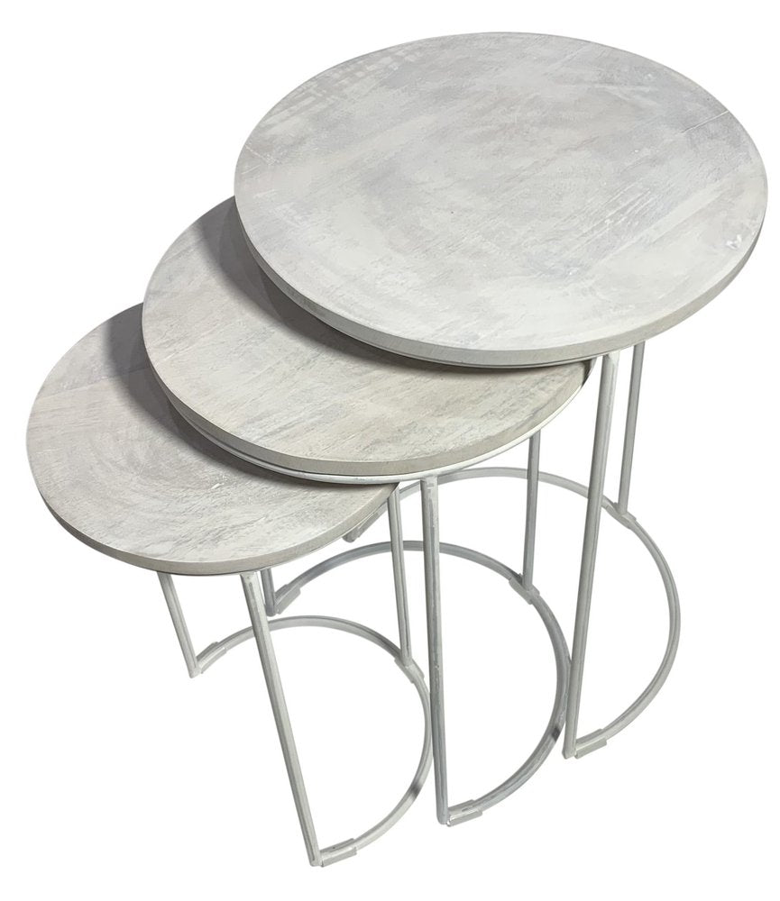 Set of Two White Solid Wood and Metal Round Frame Nested Tables  Warm Home View