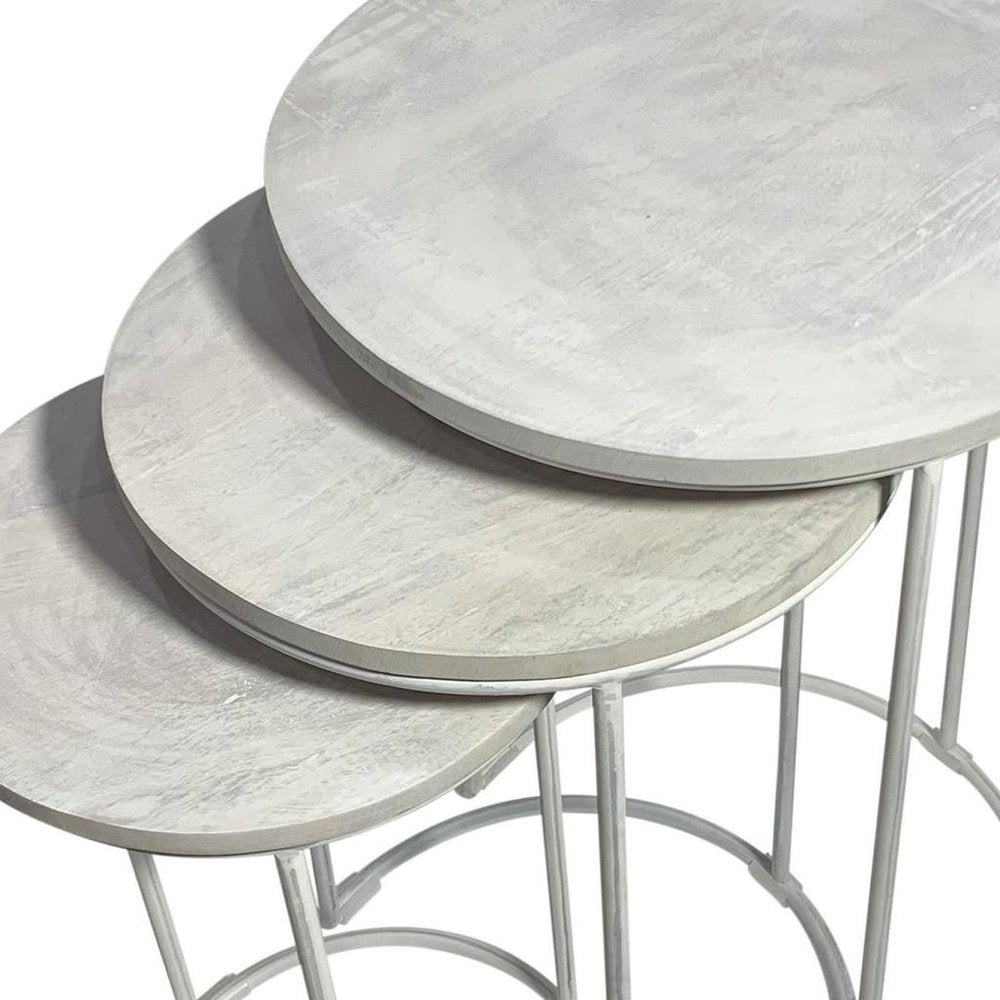 Set of Two White Solid Wood and Metal Round Frame Nested Tables  Warm Home View