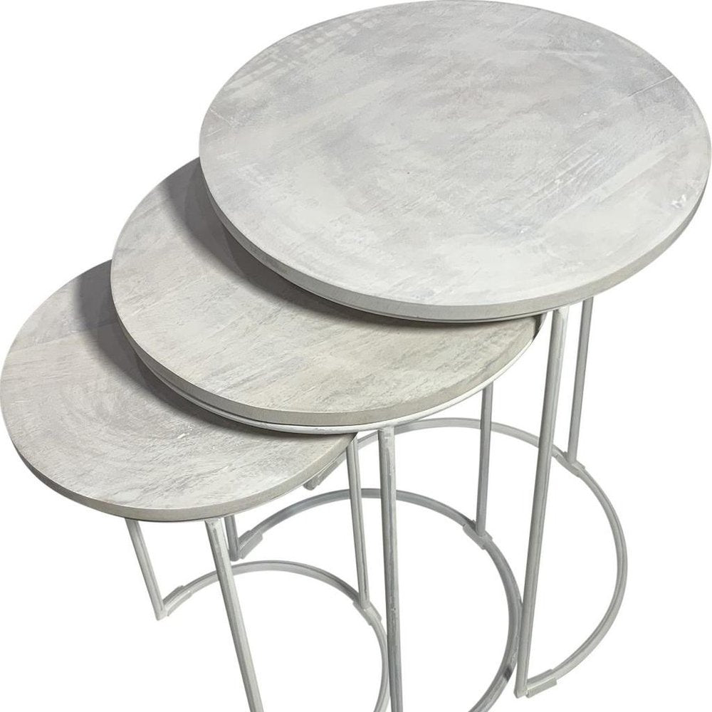 Set of Two White Solid Wood and Metal Round Frame Nested Tables  Warm Home View