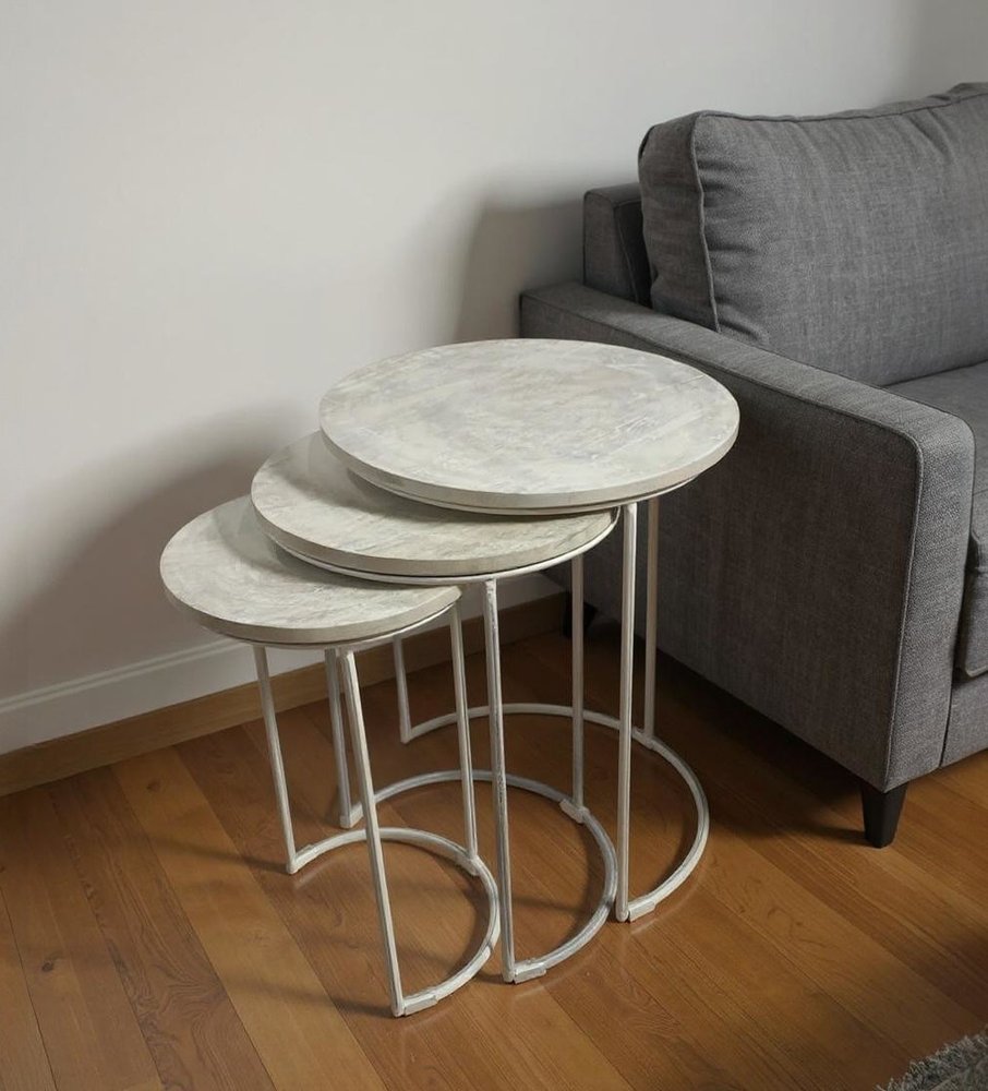 Set of Two White Solid Wood and Metal Round Frame Nested Tables  Warm Home View