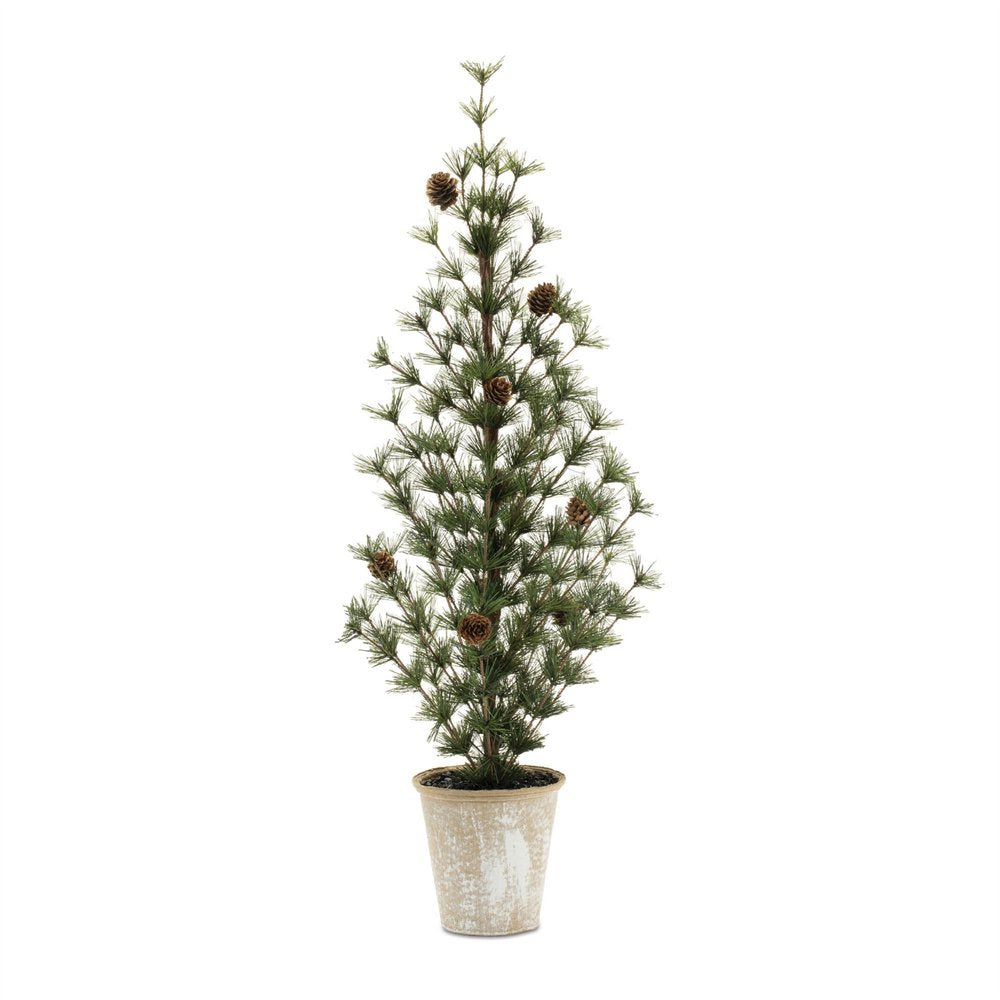 Set of Two 32" Mini Artificial Pine Trees With Pinecones In Rustic Brown Pots  Warm Home View