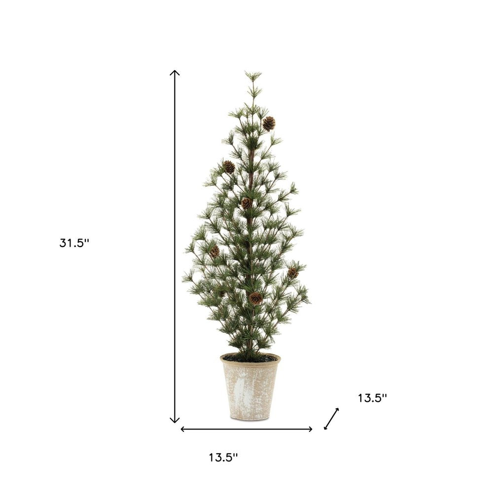 Set of Two 32" Mini Artificial Pine Trees With Pinecones In Rustic Brown Pots  Warm Home View