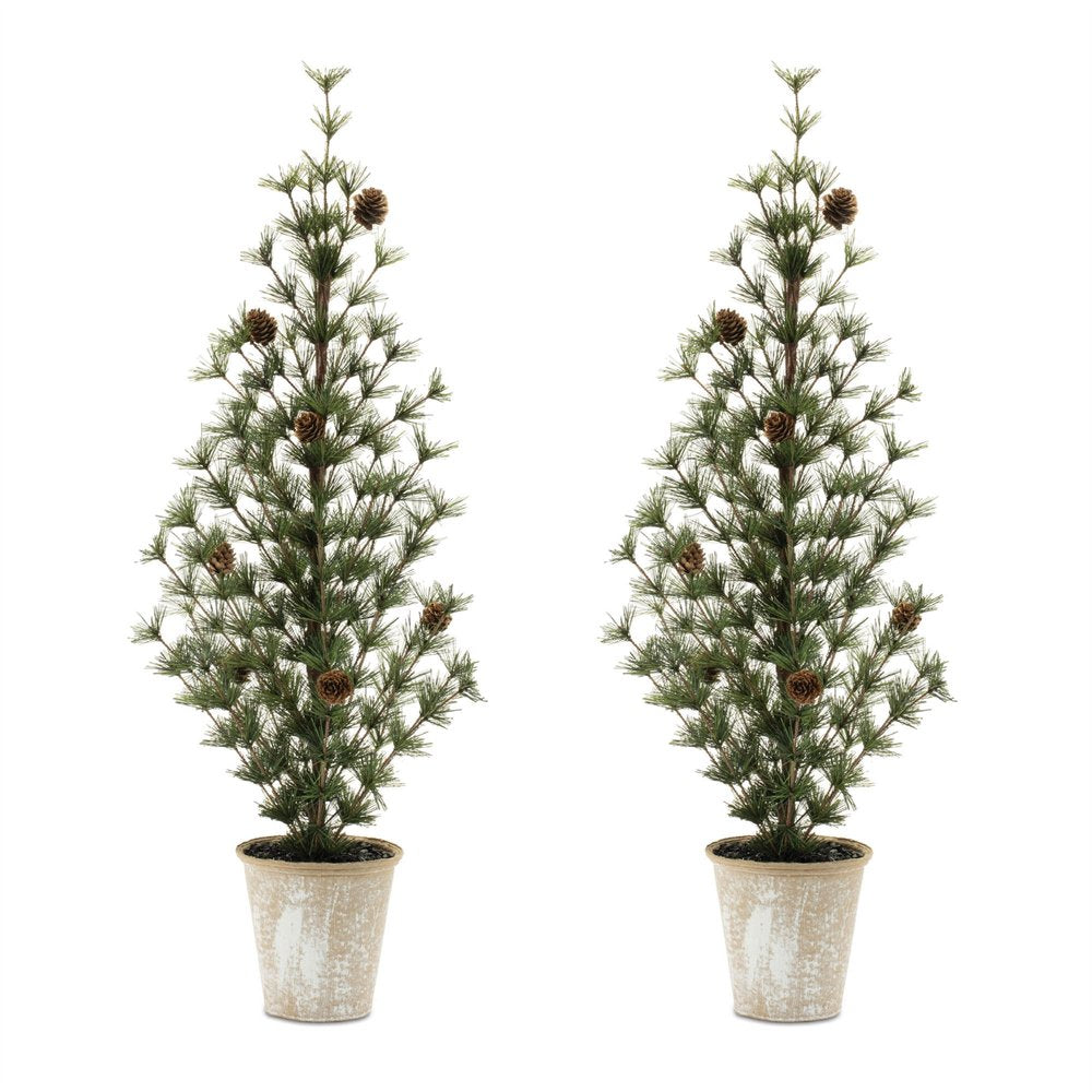 Set of Two 32" Mini Artificial Pine Trees With Pinecones In Rustic Brown Pots  Warm Home View