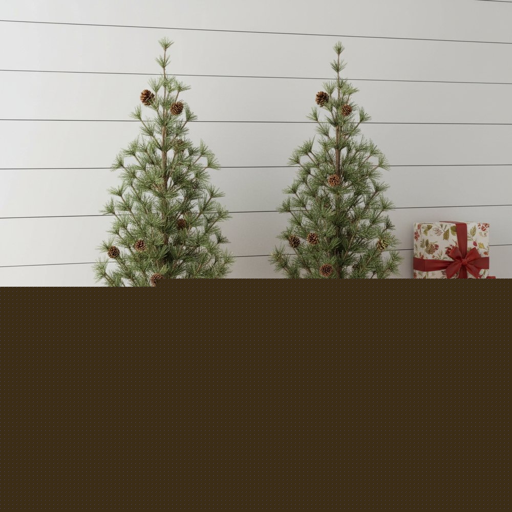 Set of Two 32" Mini Artificial Pine Trees With Pinecones In Rustic Brown Pots  Warm Home View