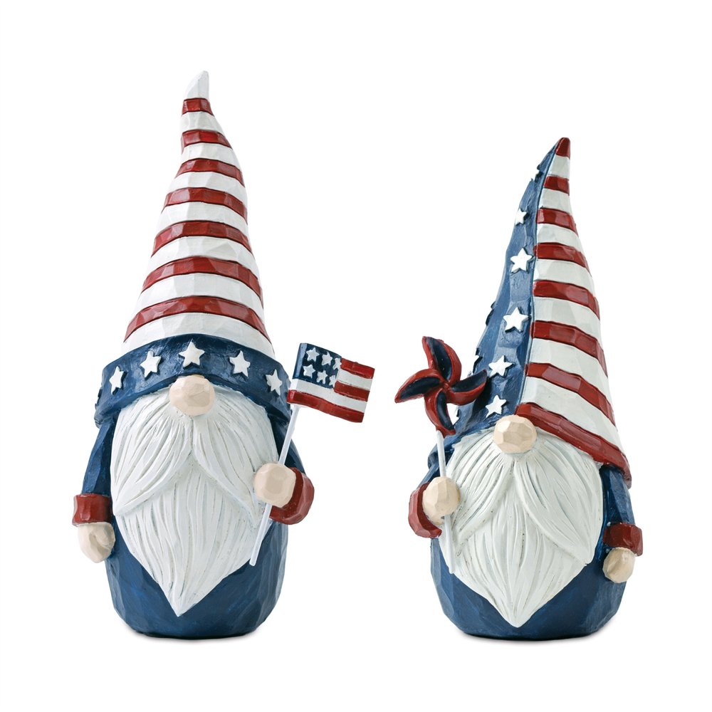 Set of Two Red White And Blue Polyresin Standing Gnomes  Warm Home View