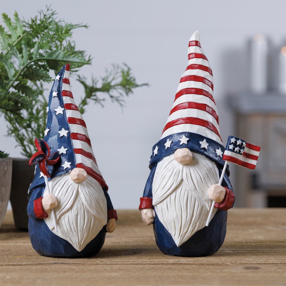 Set of Two Red White And Blue Polyresin Standing Gnomes  Warm Home View