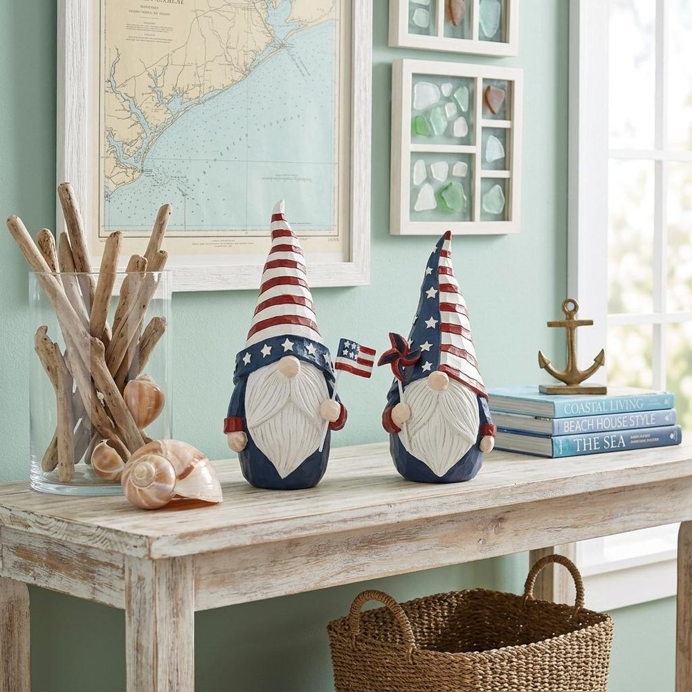 Set of Two Red White And Blue Polyresin Standing Gnomes  Warm Home View