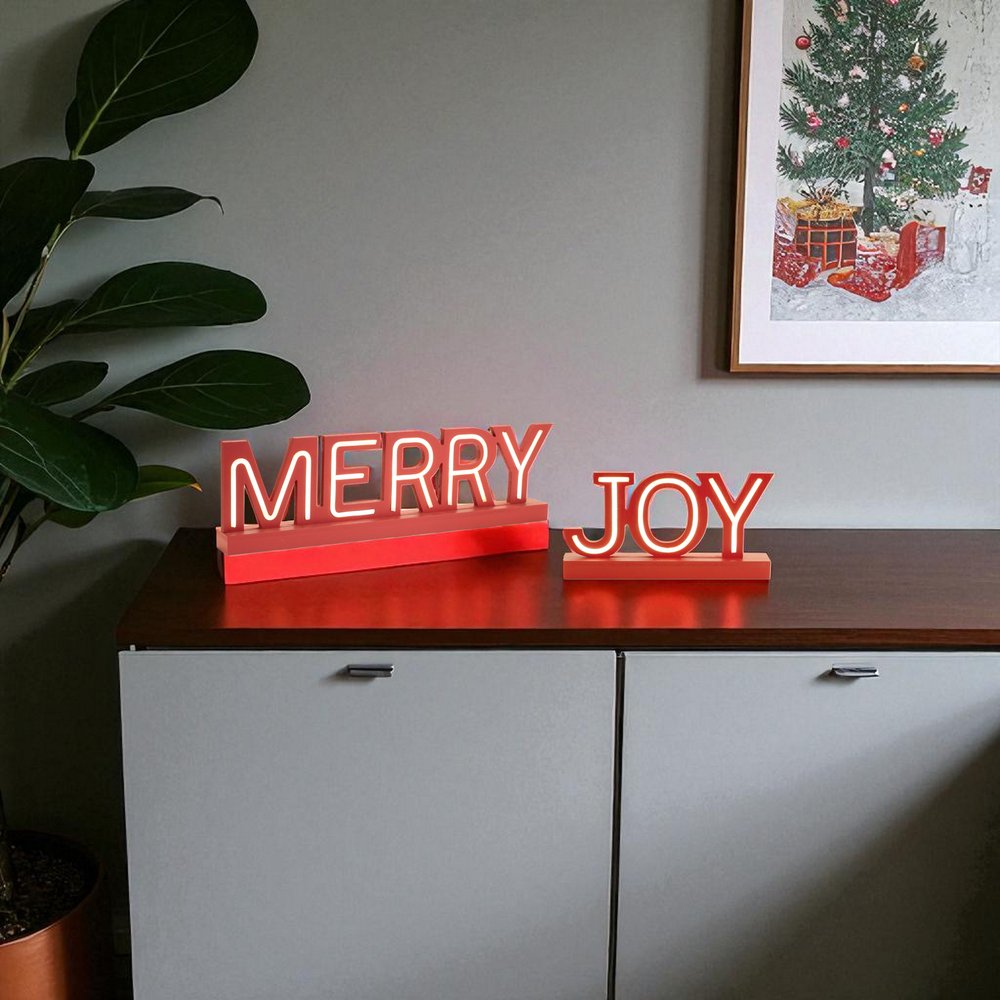 Set of Two Red And White Christmas Tabletop Sign with LED  Warm Home View