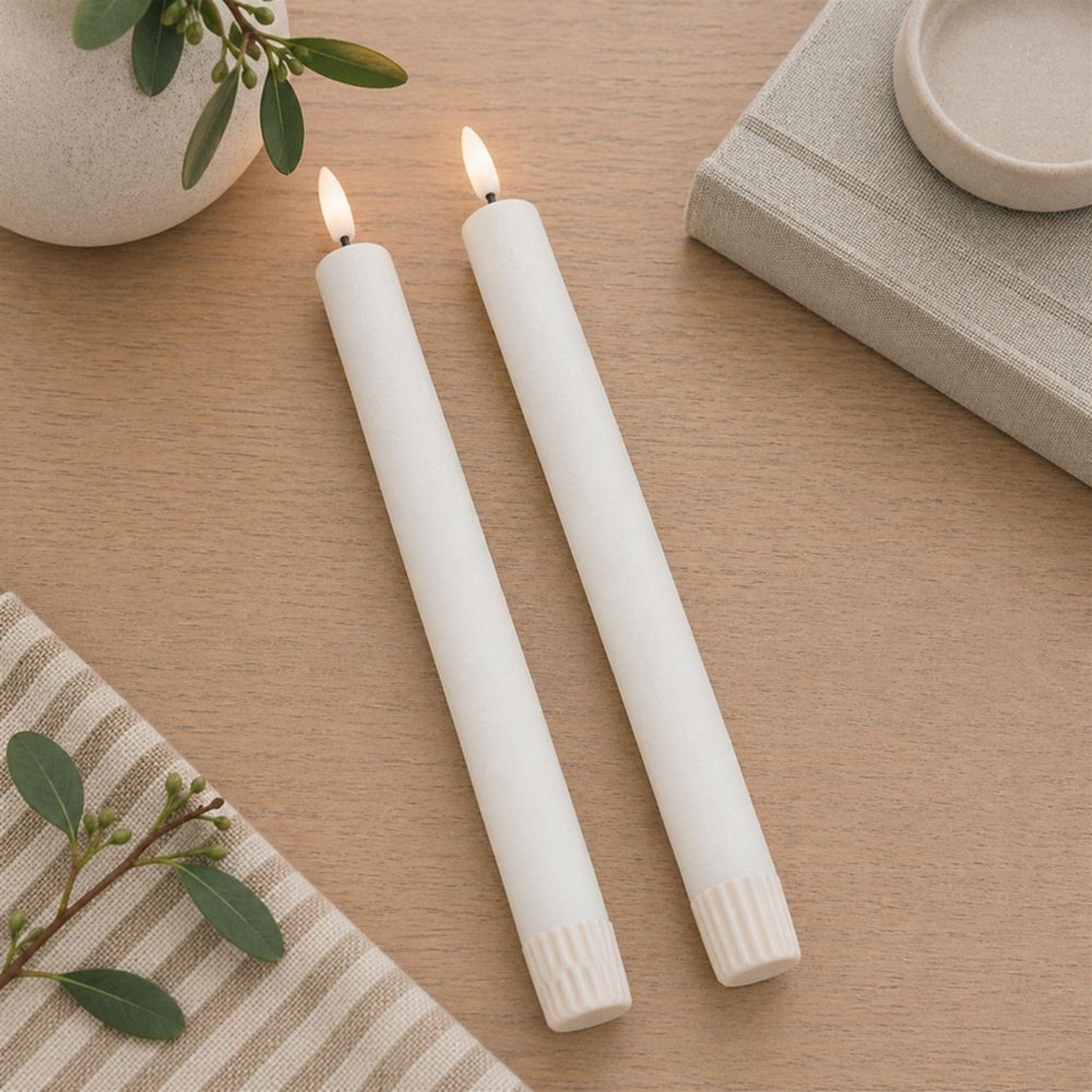 Set of Two White Unscented Candle Flameless Taper Candles  Warm Home View