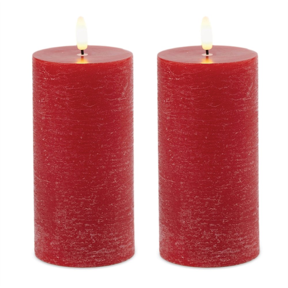 Set of Two Red Unscented Candle Flameless Pillar Candles  Warm Home View
