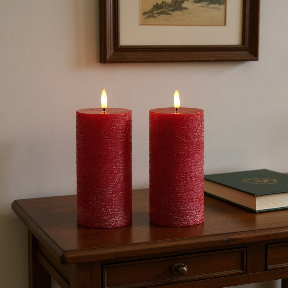 Set of Two Red Unscented Candle Flameless Pillar Candles  Warm Home View