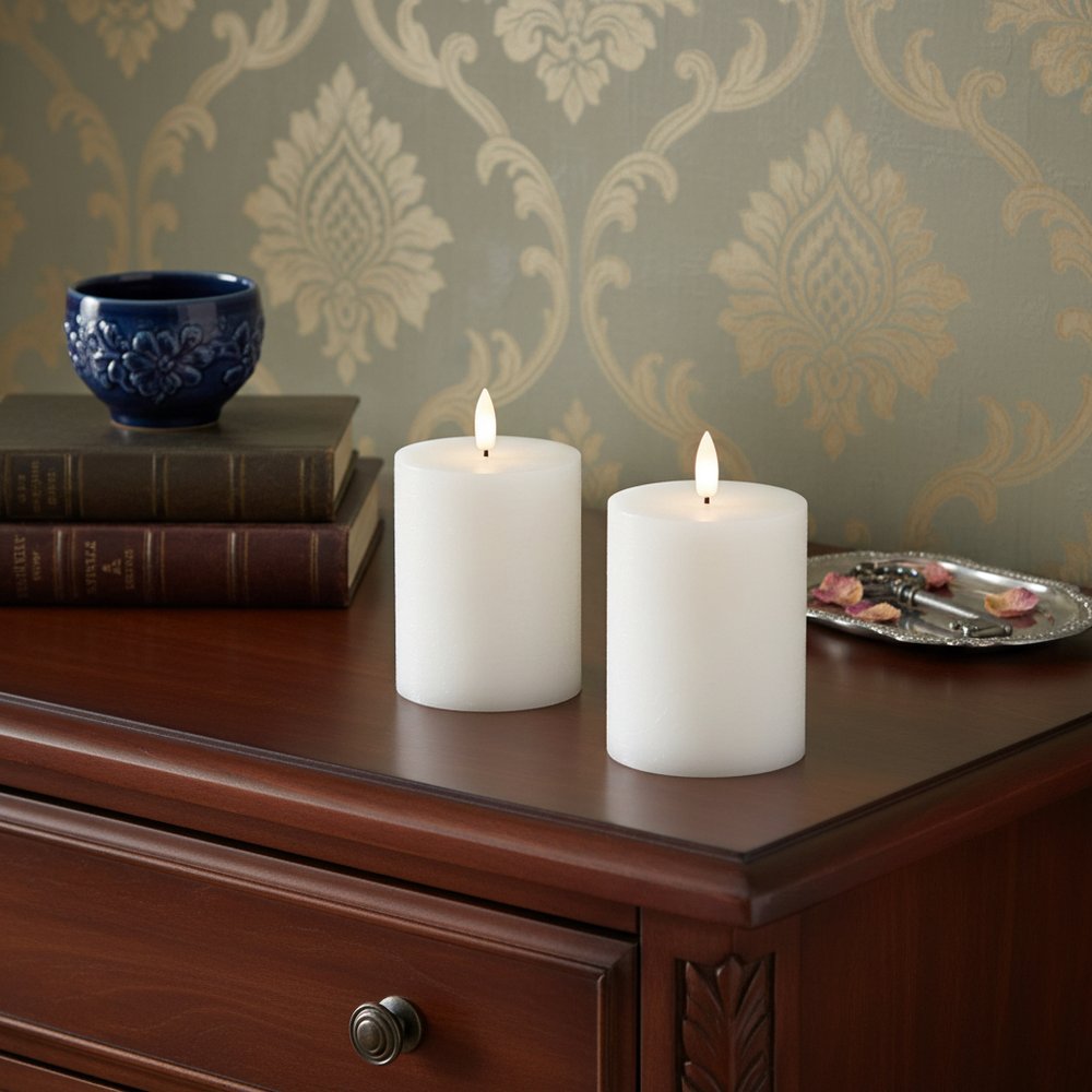 Set of Two White Unscented Candle Flameless Pillar Candles  Warm Home View