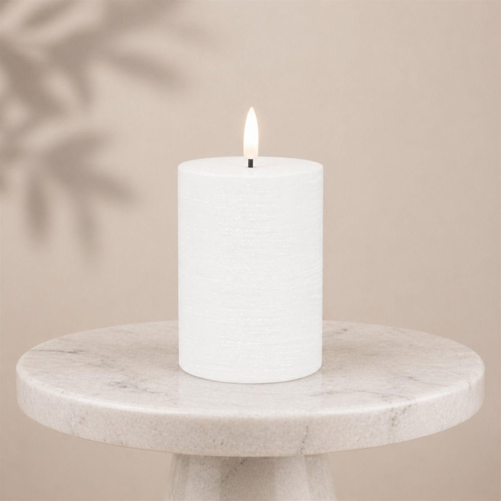 Set of Two White Unscented Candle Flameless Pillar Candles  Warm Home View