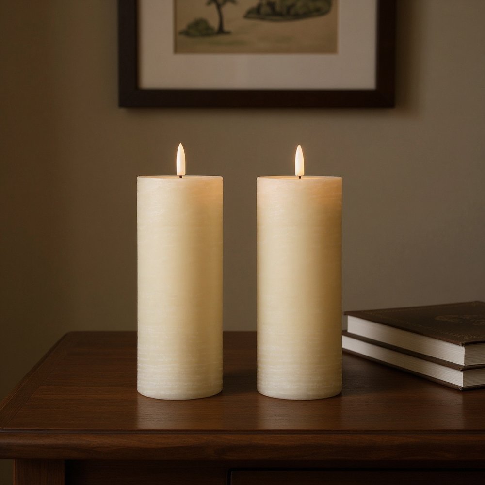 Set of Two Ivory Unscented Candle Flameless Pillar Candles  Warm Home View