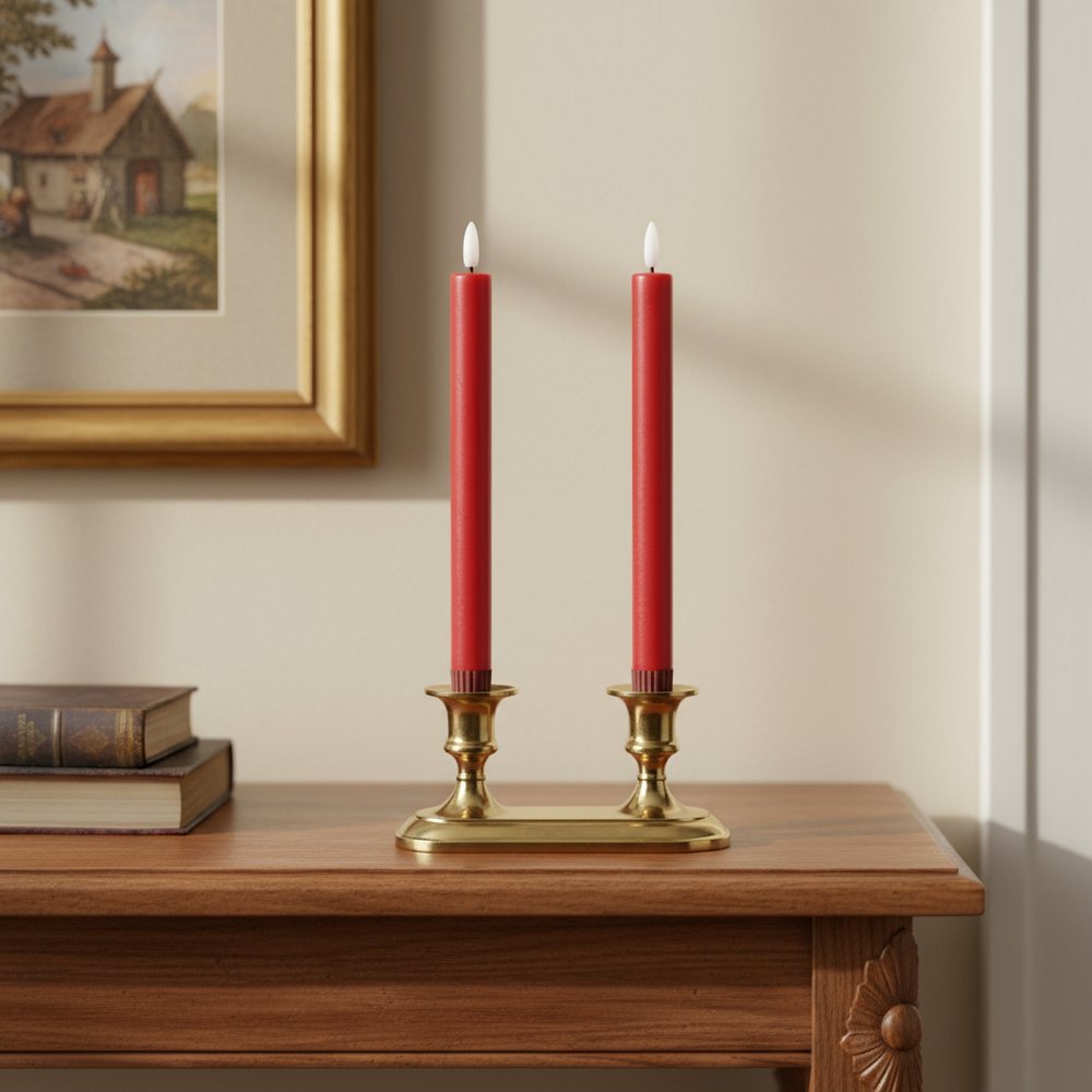 Set of Two Red Unscented Flameless Candle Taper Candles  Warm Home View