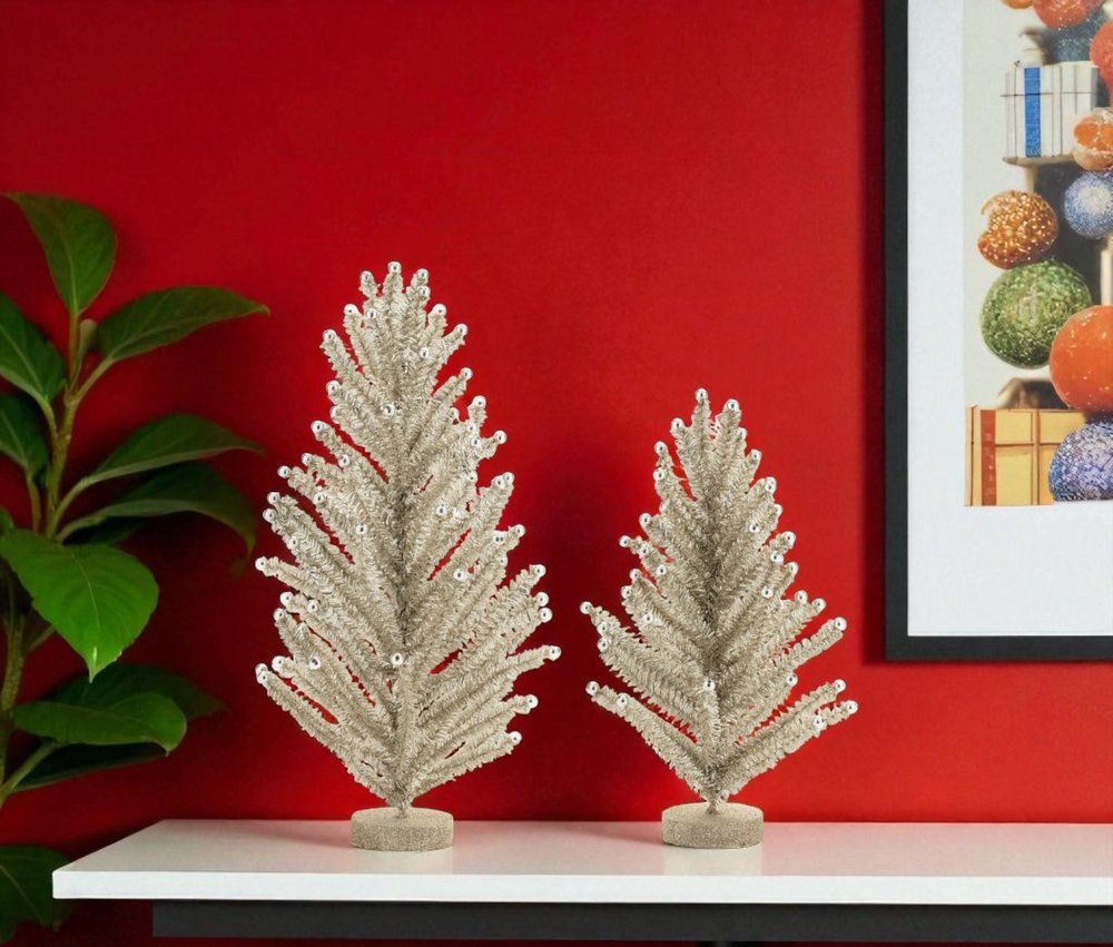 Set of Two Silver Plastic Trees Tabletop Sculpture  Warm Home View