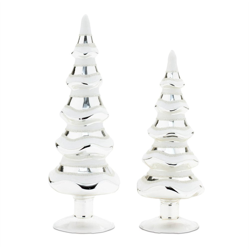 Set of Two Silver And White Glass Trees Tabletop Sculpture  Warm Home View