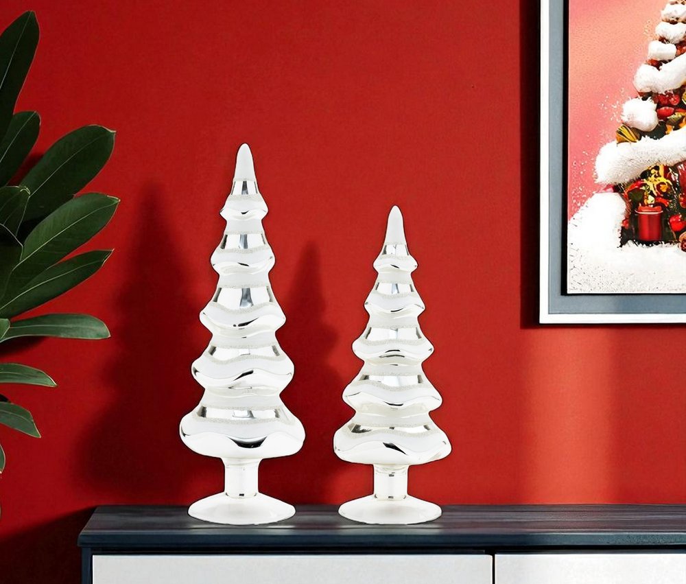 Set of Two Silver And White Glass Trees Tabletop Sculpture  Warm Home View