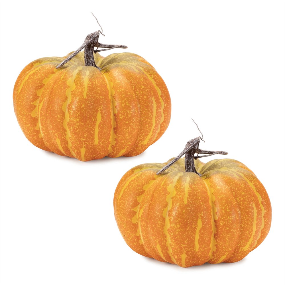 Set of Two Orange And Yellow Plastic Pumpkin Thanksgiving Pumpkin Tabletop Sculpture  Warm Home View