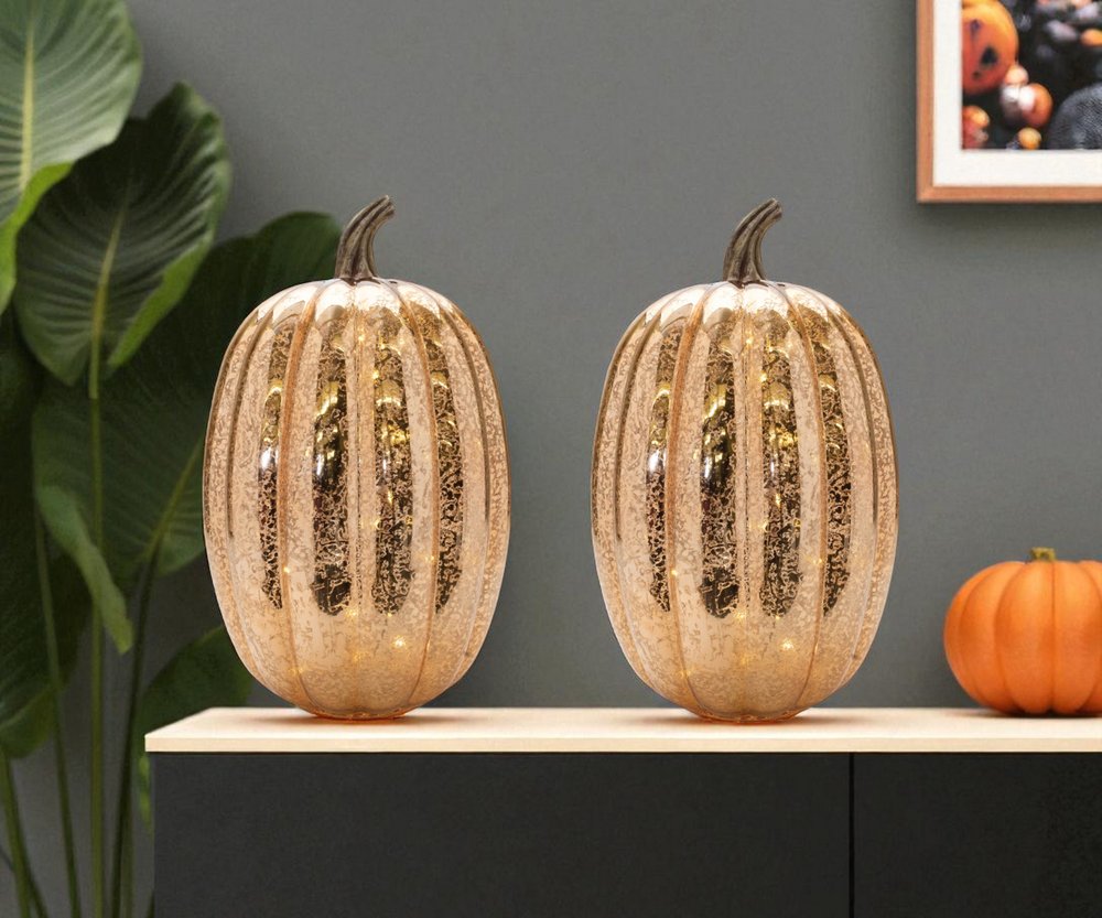 Set of Two Orange Glass Pumpkin Thanksgiving Pumpkin Tabletop Sculpture with LED  Warm Home View