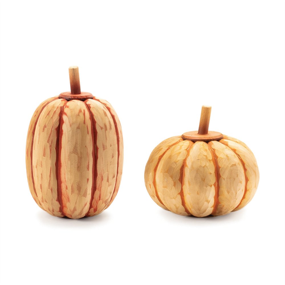 Set of Two Orange Wood Pumpkin Thanksgiving Pumpkin Tabletop Sculpture  Warm Home View