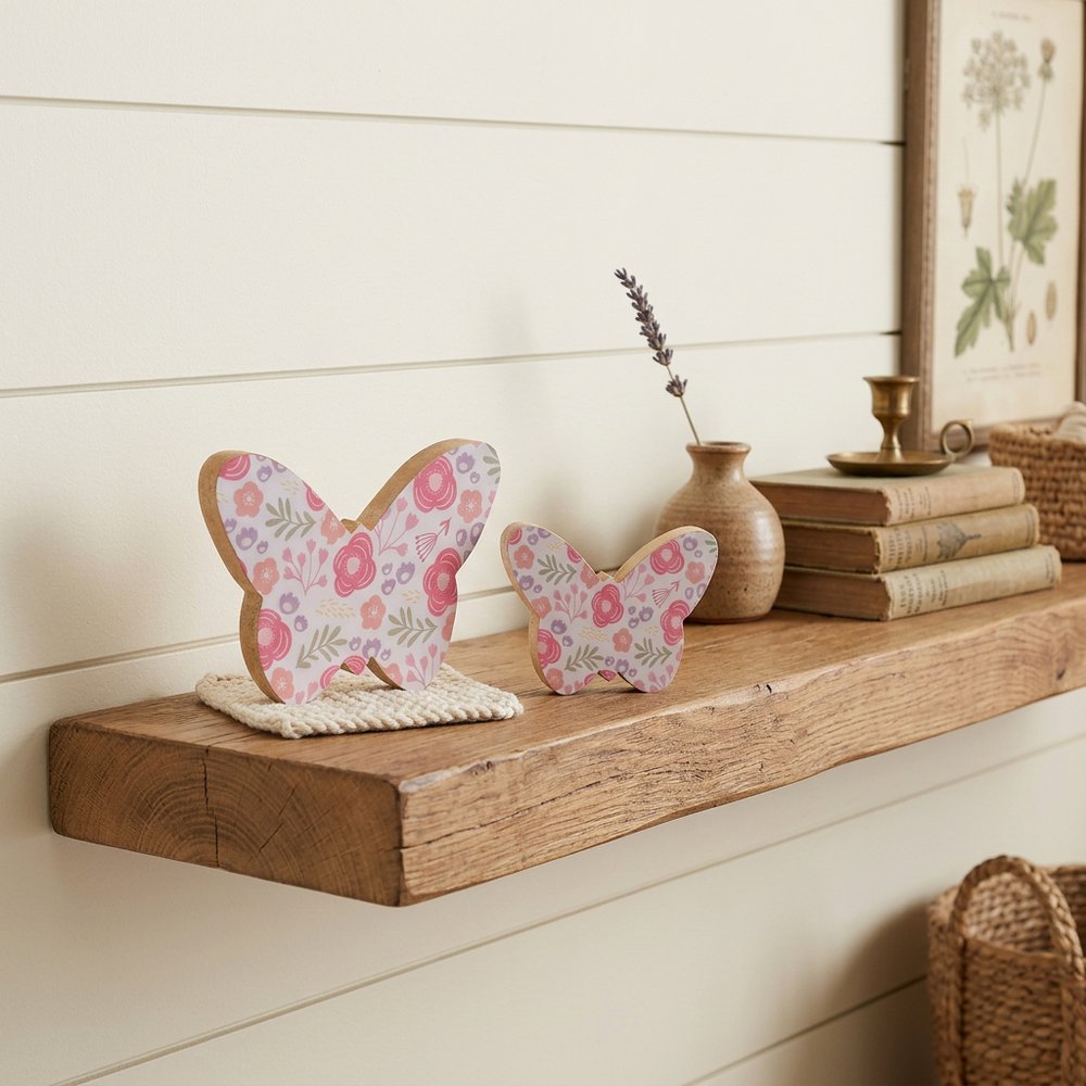 Set of Two White And Pink Wood Butterfly Tabletop Sculptures  Warm Home View