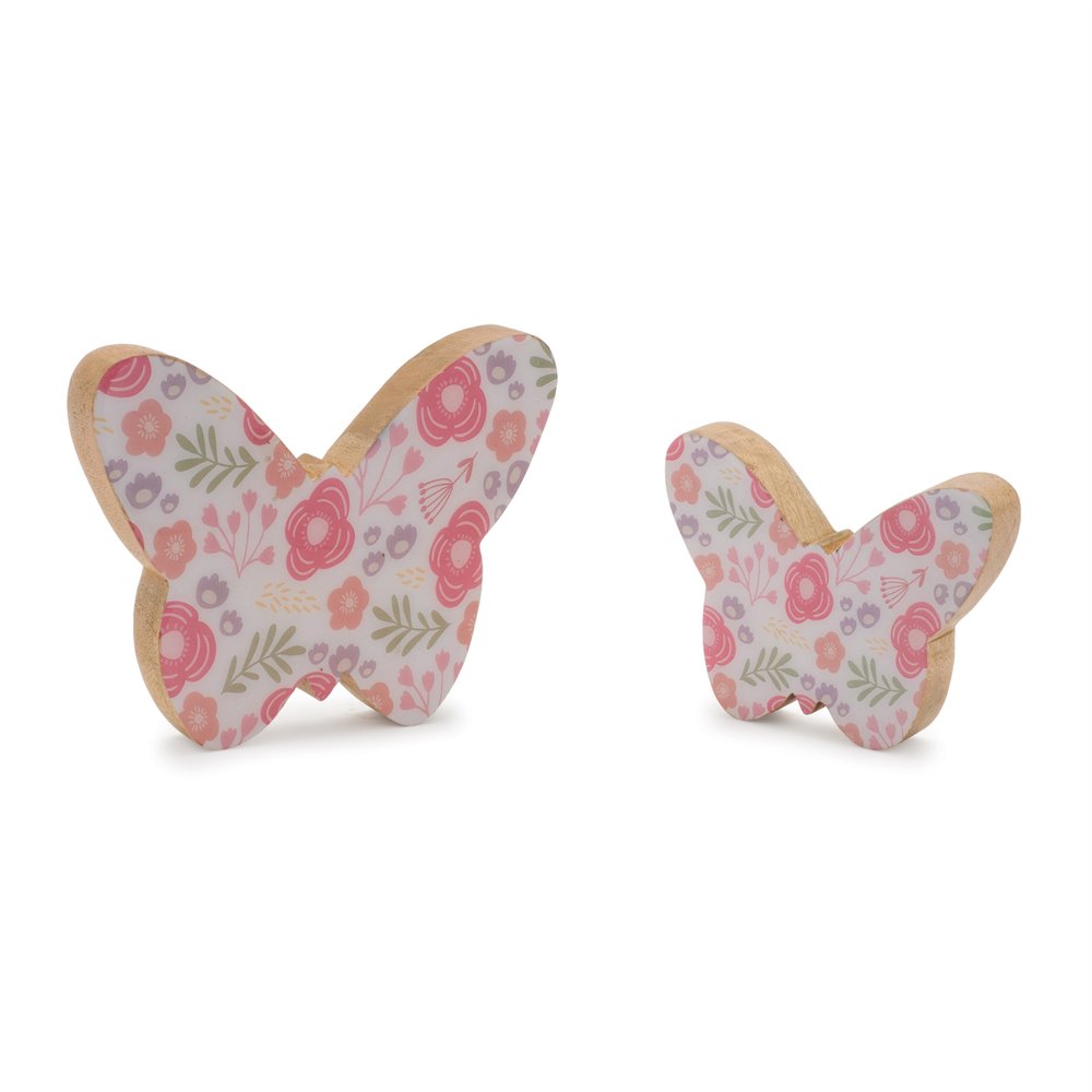 Set of Two White And Pink Wood Butterfly Tabletop Sculptures  Warm Home View