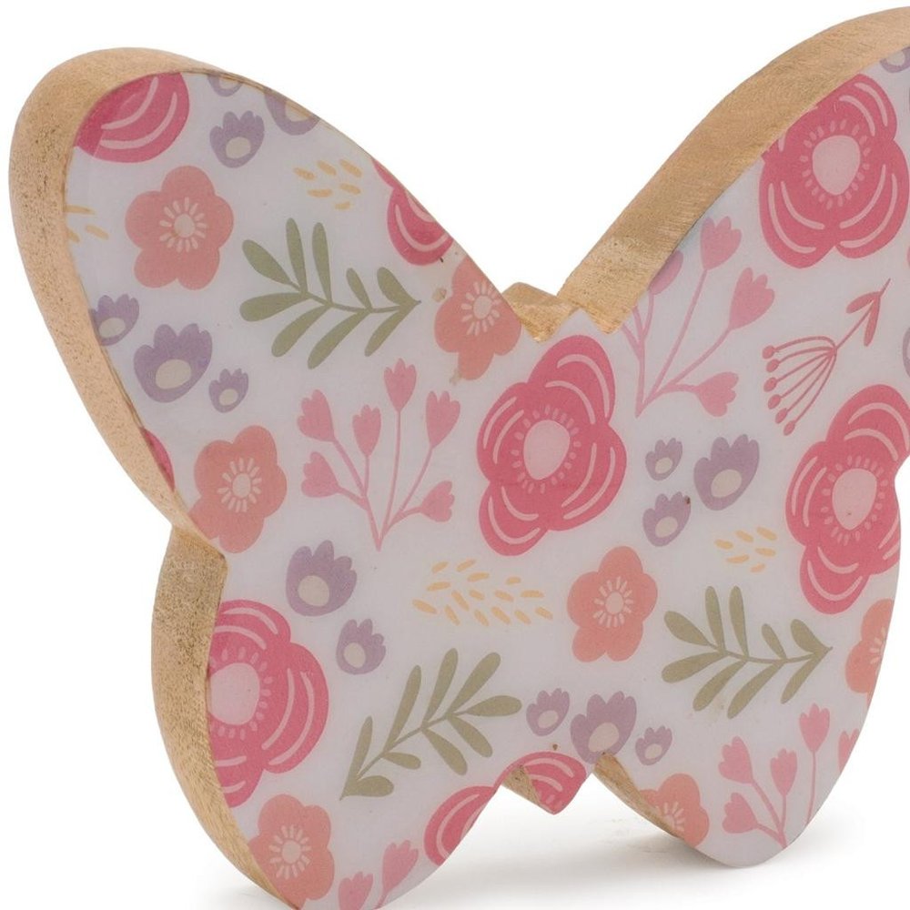 Set of Two White And Pink Wood Butterfly Tabletop Sculptures  Warm Home View