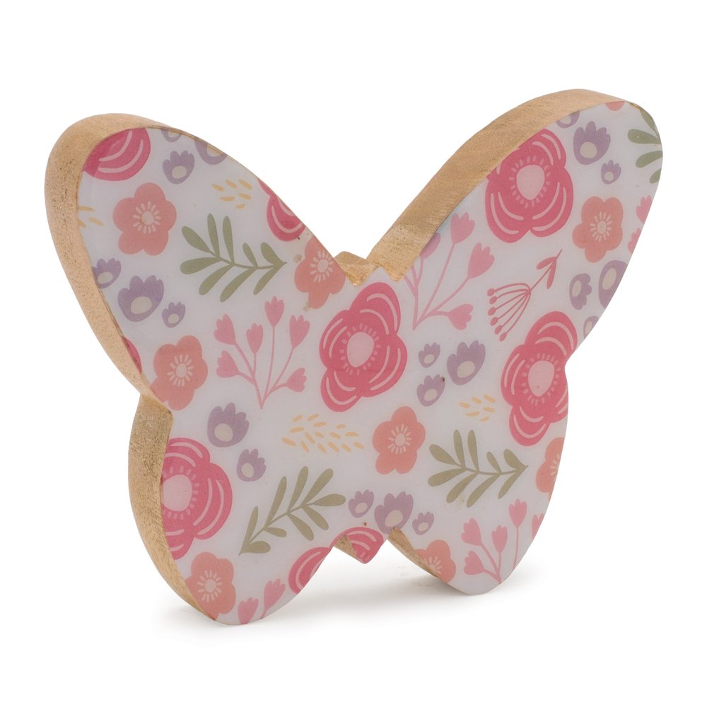 Set of Two White And Pink Wood Butterfly Tabletop Sculptures  Warm Home View