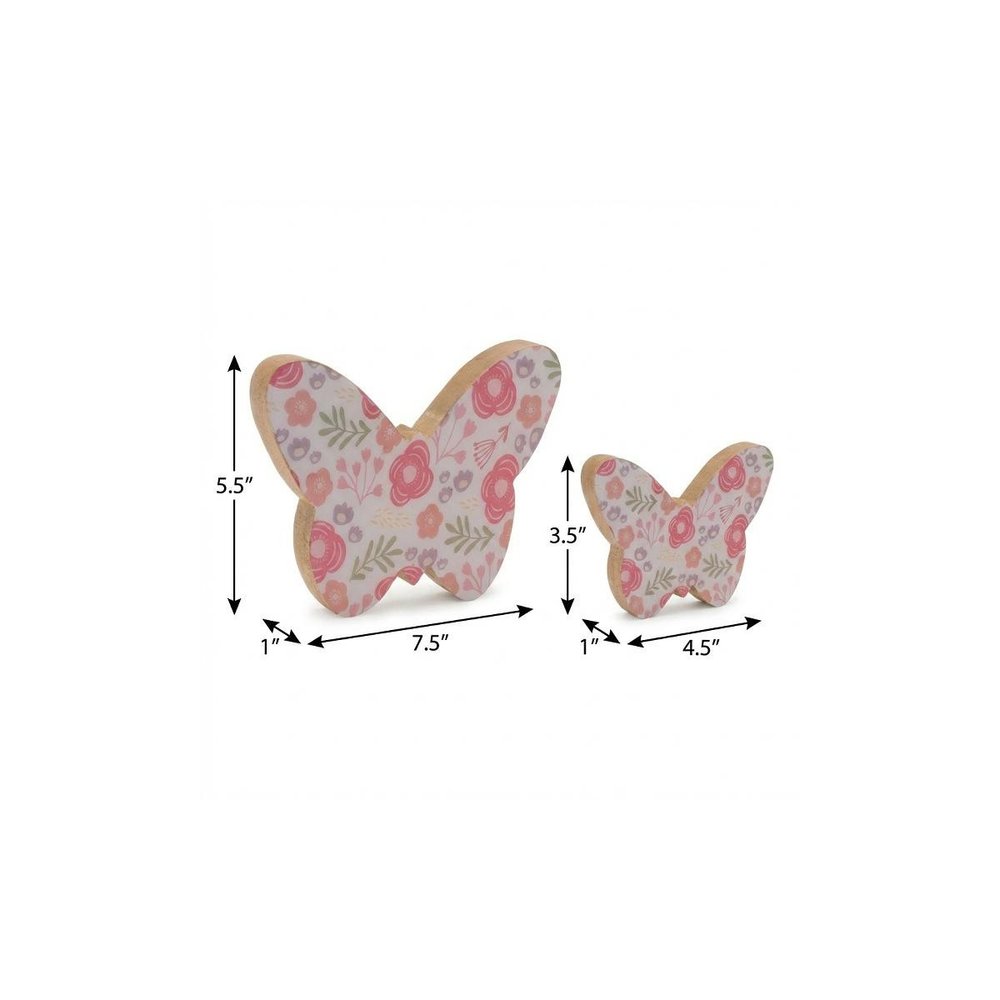 Set of Two White And Pink Wood Butterfly Tabletop Sculptures  Warm Home View