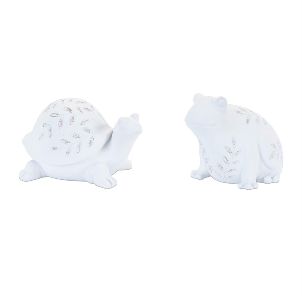 Set of Two White Polyresin Frog And Turtle Figurines  Warm Home View