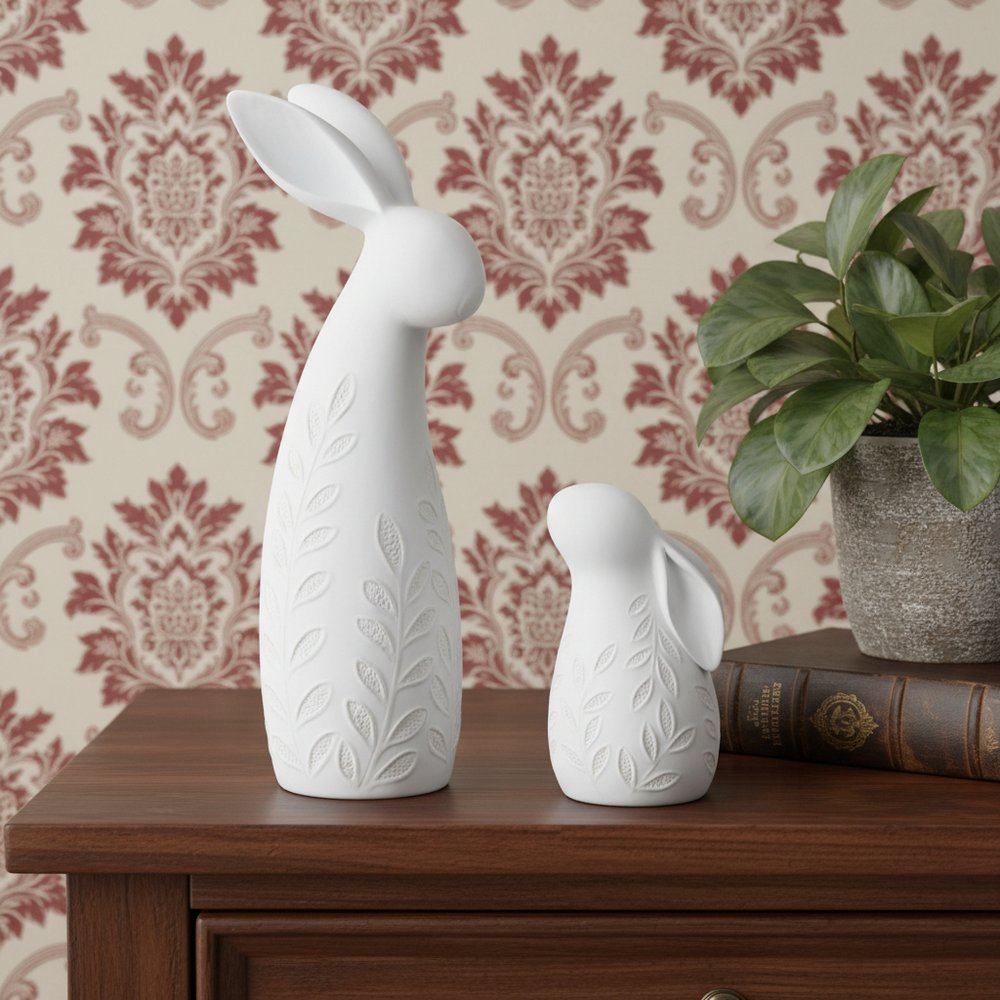 Set of Two White Polyresin Rabbit Figurines  Warm Home View