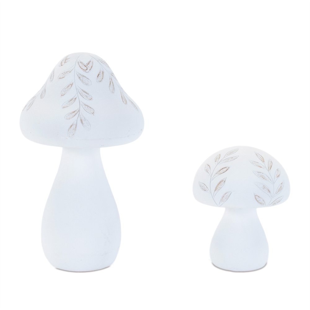 Set of Two White Polyresin Mushroom Tabletop Sculpture  Warm Home View