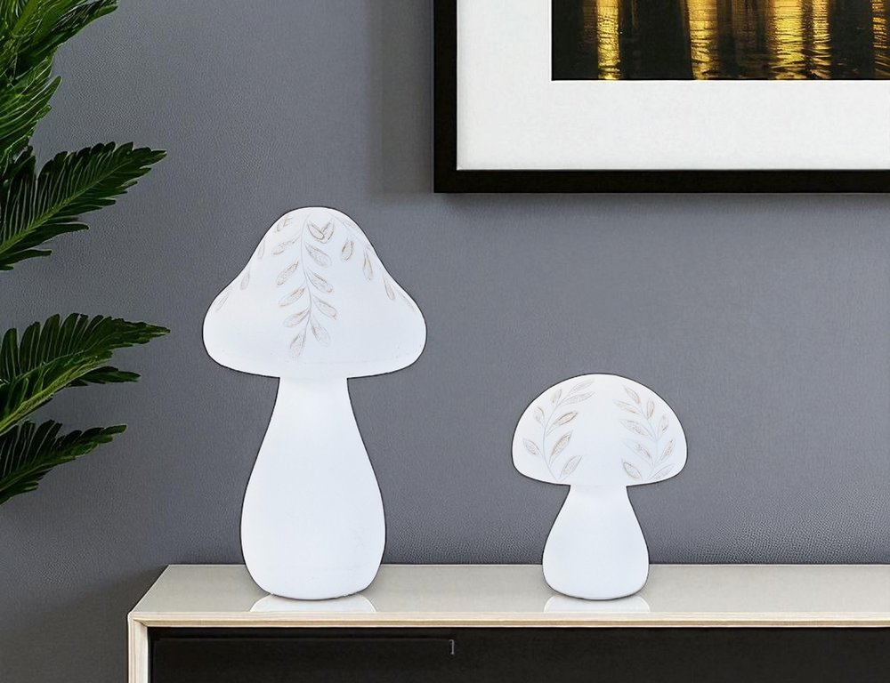 Set of Two White Polyresin Mushroom Tabletop Sculpture  Warm Home View
