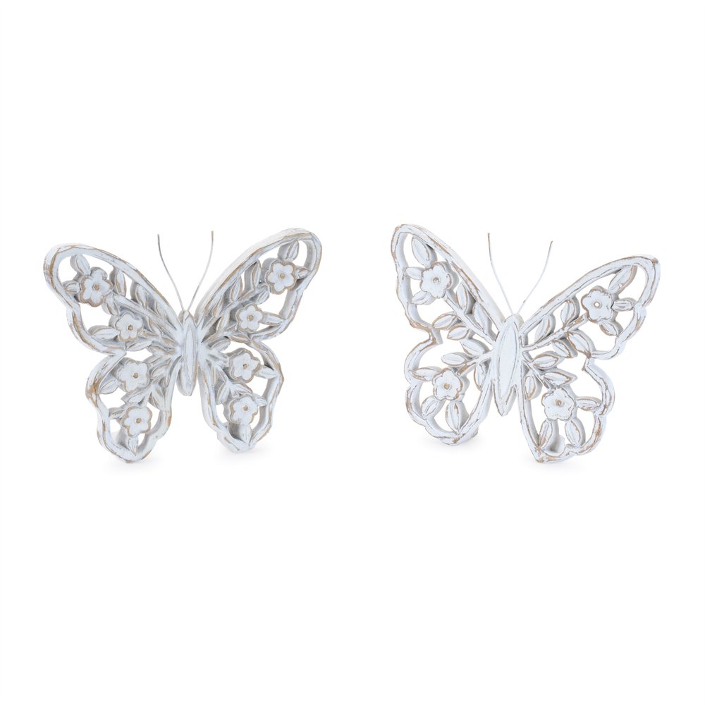 Set of Two White And Beige Polyresin Butterfly Tabletop Sculptures  Warm Home View