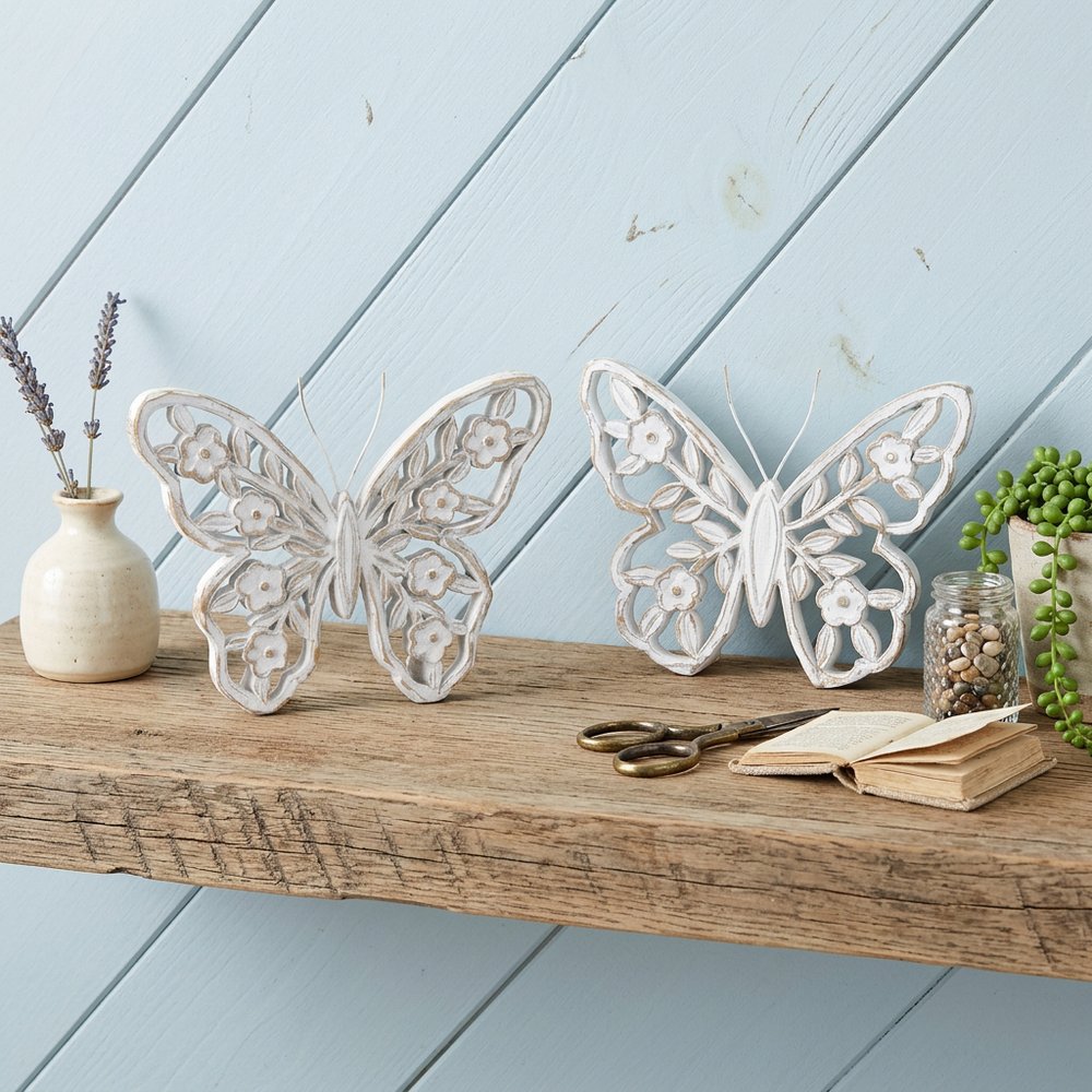 Set of Two White And Beige Polyresin Butterfly Tabletop Sculptures  Warm Home View