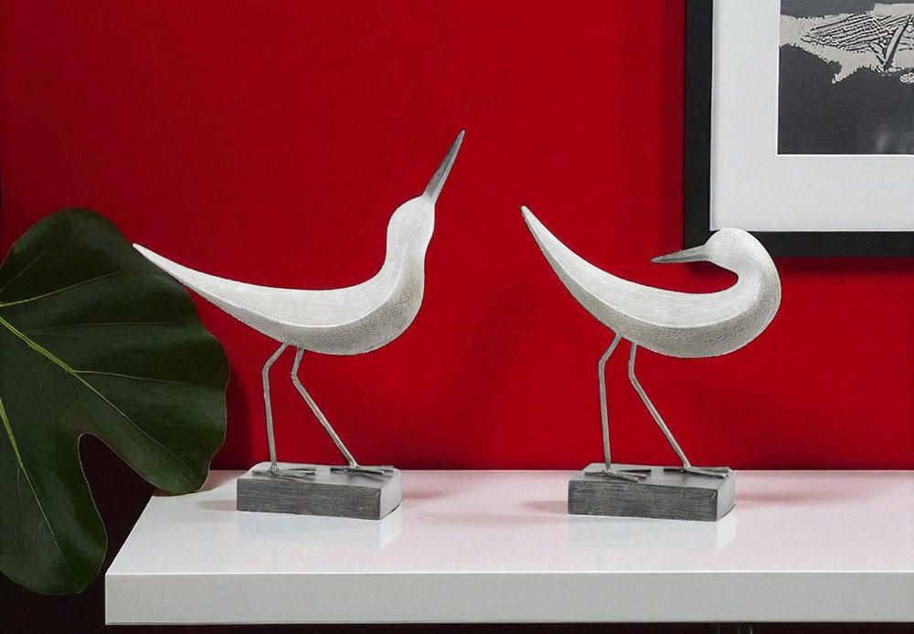 Set of Two White Polyresin Bird Figurine  Warm Home View
