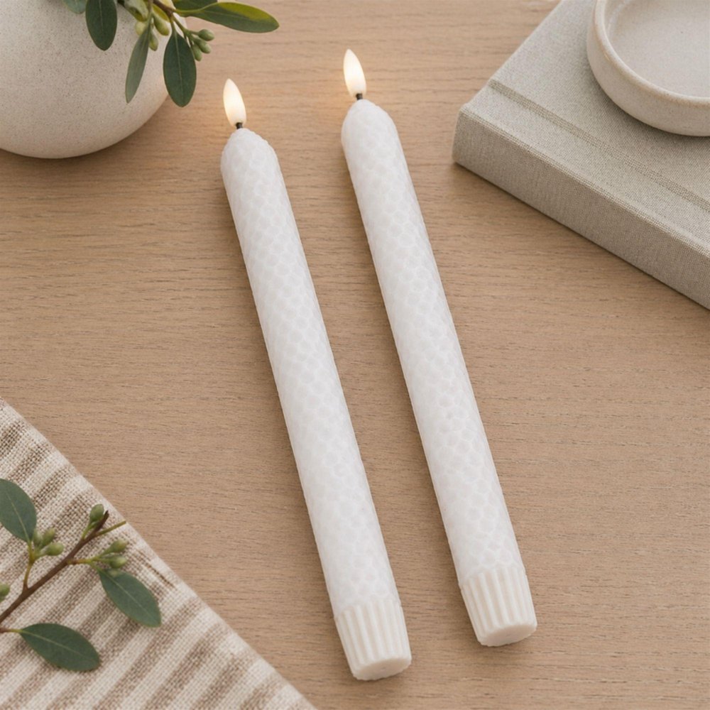 Set of Two White Unscented Candle Flameless Taper Candles  Warm Home View