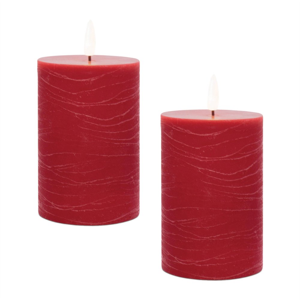 Set of Two Red Unscented Candle Flameless Pillar Candles  Warm Home View