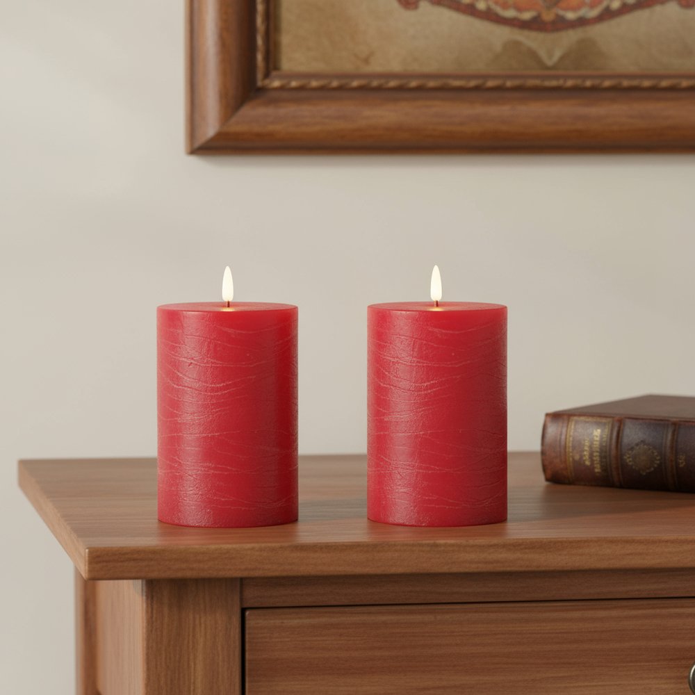 Set of Two Red Unscented Candle Flameless Pillar Candles  Warm Home View