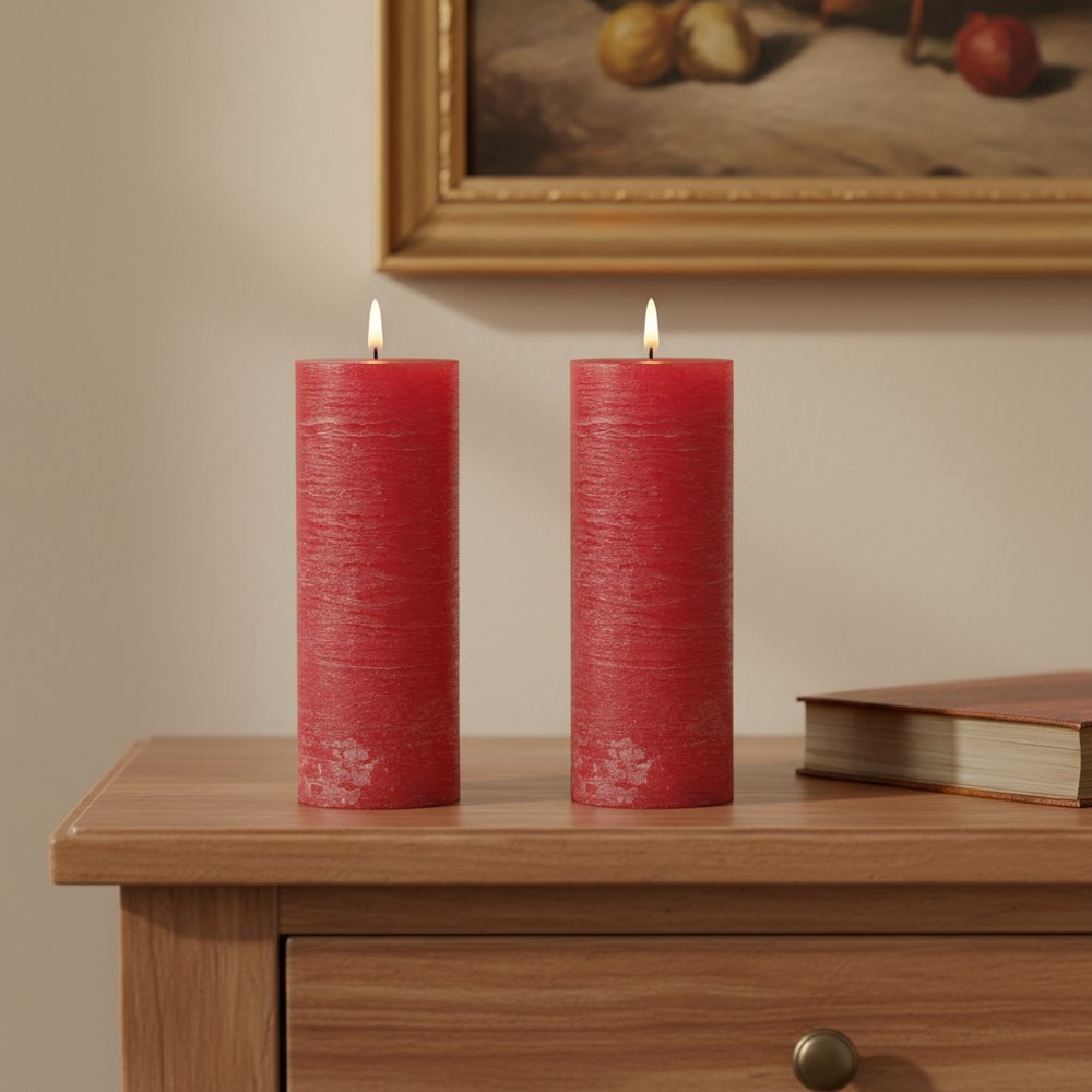 Set of Two Red Unscented Candle Flameless Pillar Candles  Warm Home View