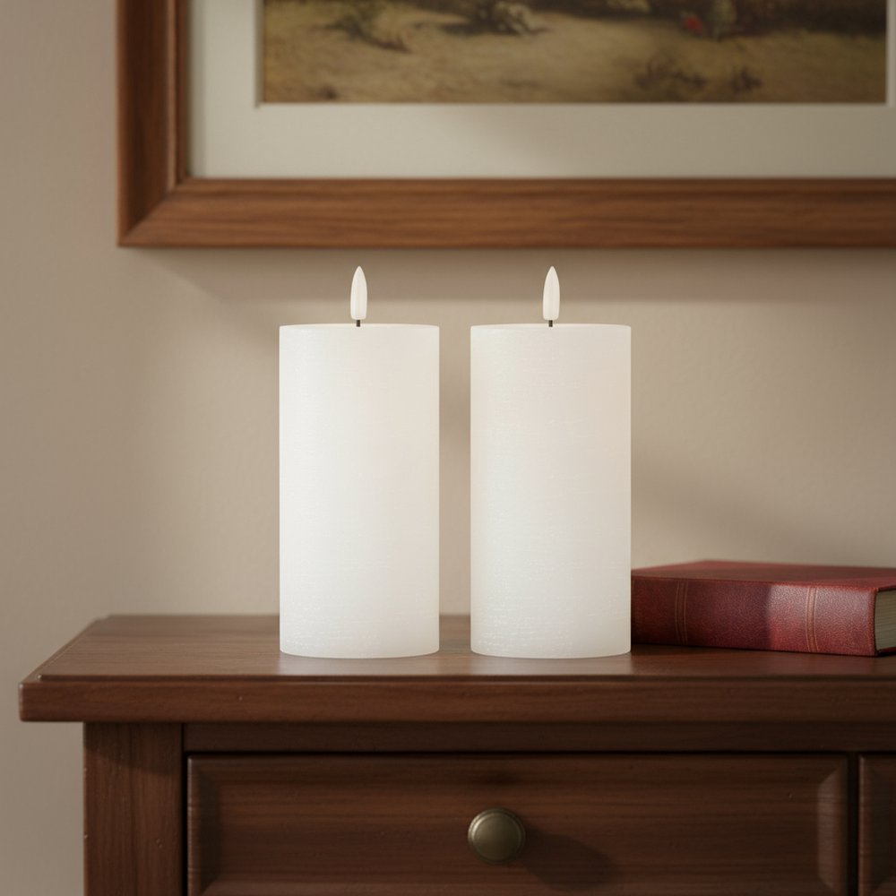 Set of Two White Unscented Candle Flameless Pillar Candles  Warm Home View