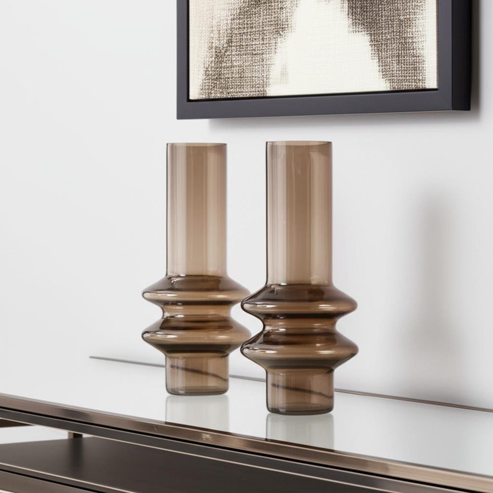 Set of Two Translucent Taupe Glass Cylinder Table Vases  Warm Home View