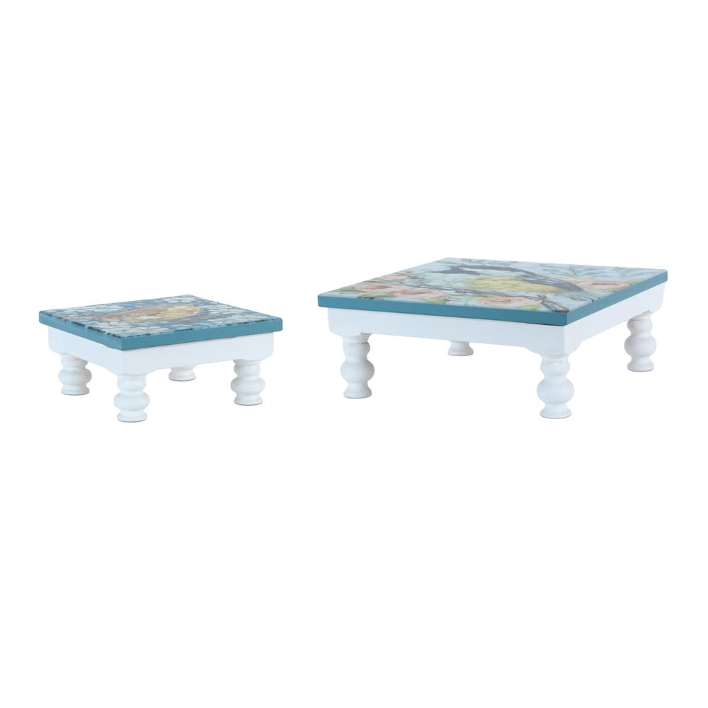 Set of Two Blue And White Solid and Manufactured Wood Floral Square Riser Tray  Warm Home View