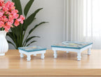Set of Two Blue And White Solid and Manufactured Wood Floral Square Riser Tray  Warm Home View