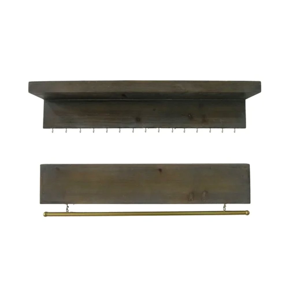 Set Of Two Brown Wood Wall Mounted Accent Shelves With Hooks  Warm Home View