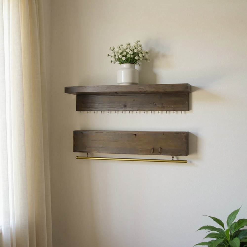 Set Of Two Brown Wood Wall Mounted Accent Shelves With Hooks  Warm Home View