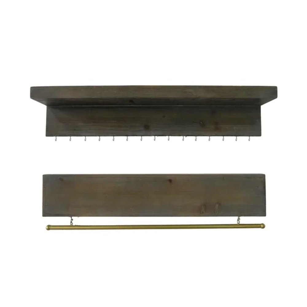 Set Of Two Brown Wood Wall Mounted Accent Shelves With Hooks  Warm Home View