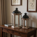 Set of Two Brown Distressed Geometric Metal And Solid Wood Floor Lantern Candle Holders  Warm Home View